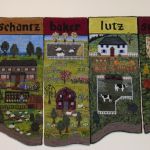 This rug was made by local rug hookers from the Lutz Mountain Heritage Museum to create an artistic rendering of the Township of Moncton Map circa 1778.
Ce tapis a été produit par des fabricants de tapis locales du Musée Patrimoine de Lutz Mountain pour créer une représentation artistique du canton de Moncton qui date de 1778. You can find this hooked mat at Lutz Mountain Heritage Museum.